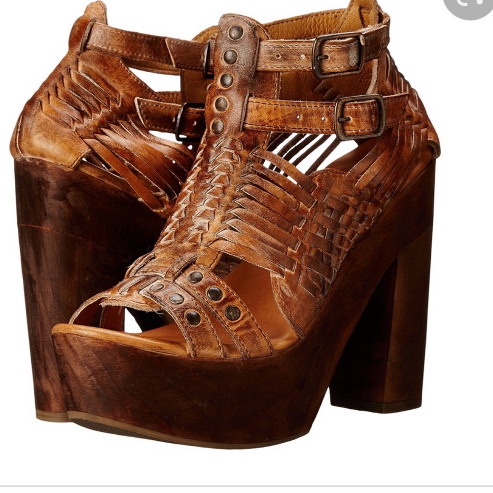 NWT BED STU "CINDY" Tan Rustic White Leather Woven Wooden Platform Heels Size: 9